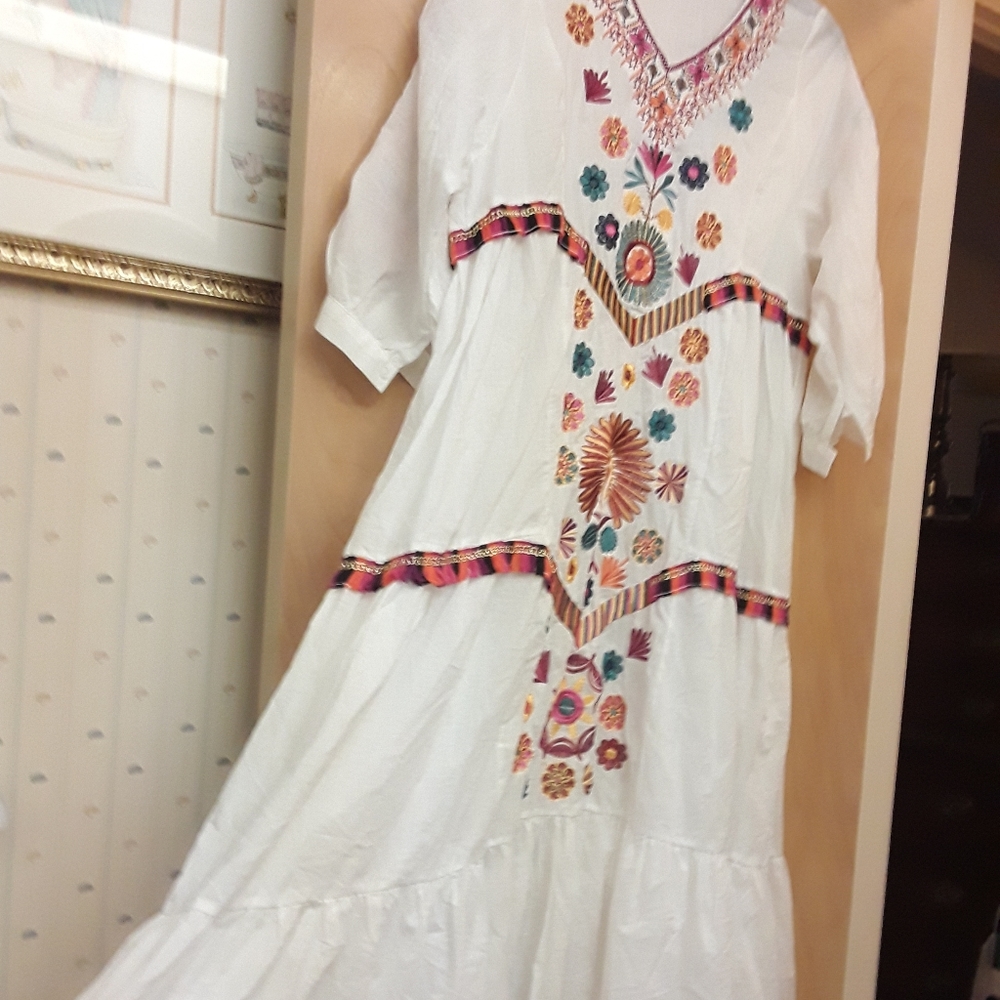 Zara White Tiered Boho Embroidered Maxi Dress